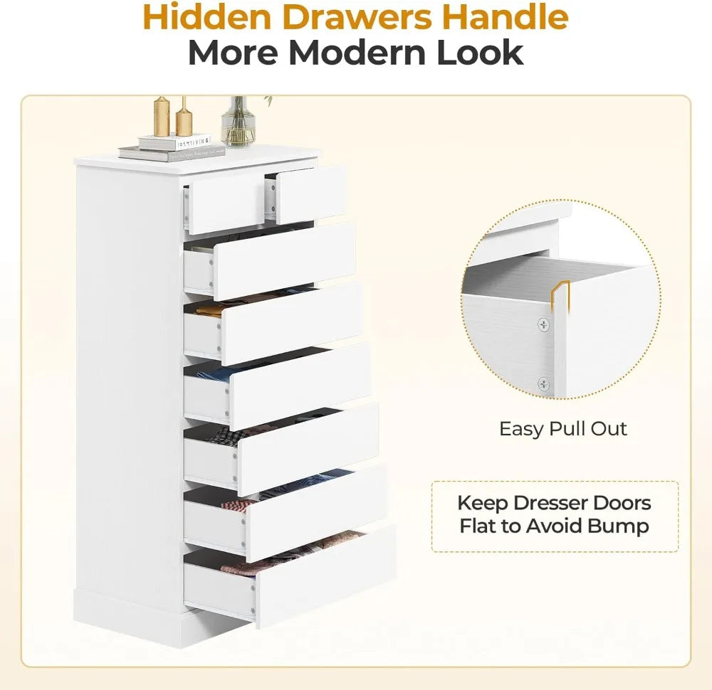 Modern White Tall Dresser 59.6'' High 8 Drawer Storage Organizer for Bedroom Closet Furniture