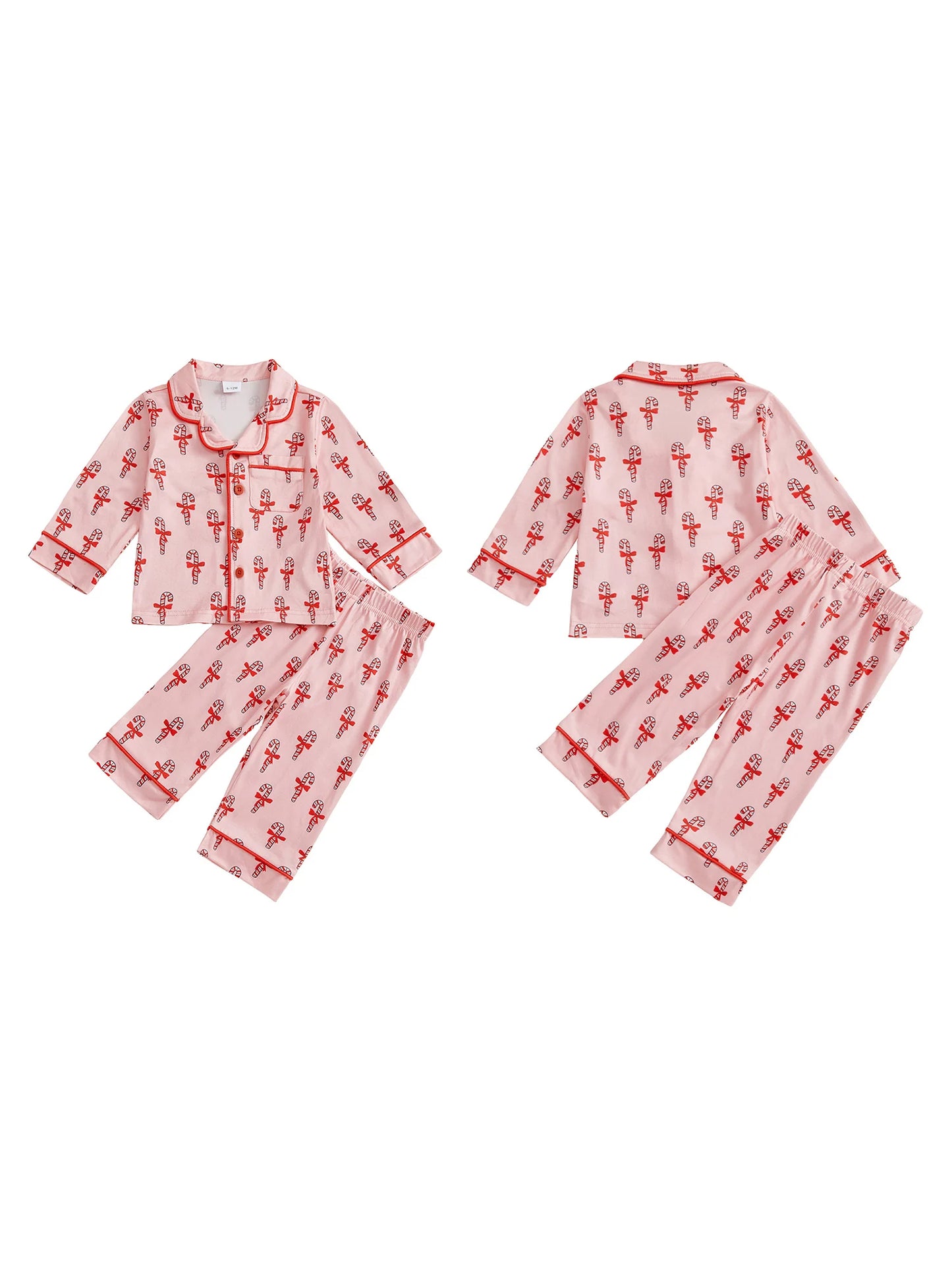 Infant Girl Holiday Pajama Set with Candy Cane Print Bow Detail V Neck Button Down Top and Matching Pants for Christmas