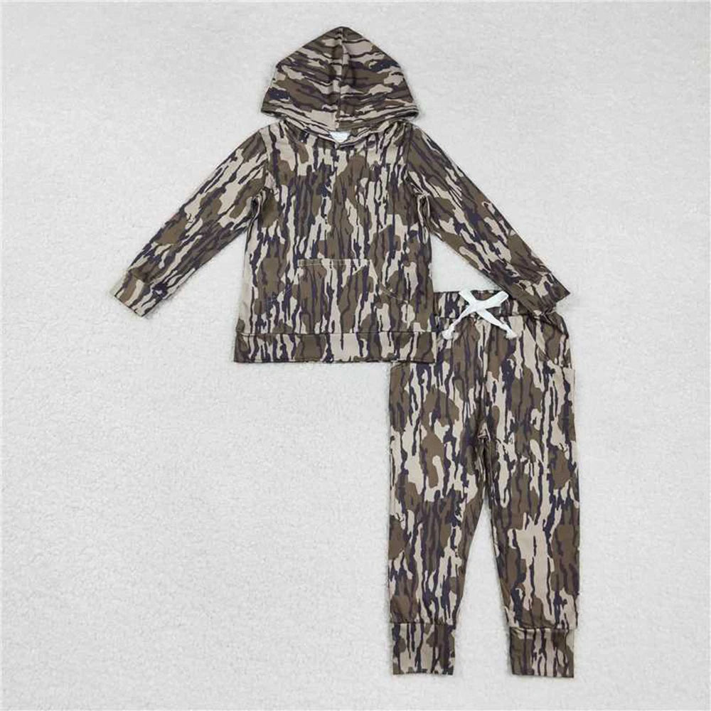 Baby Boys Brown Olive Camo Outfit Long Sleeve Hooded Shirt And Hunting Pants Set Toddler Camouflage Clothing Outfit for Kids