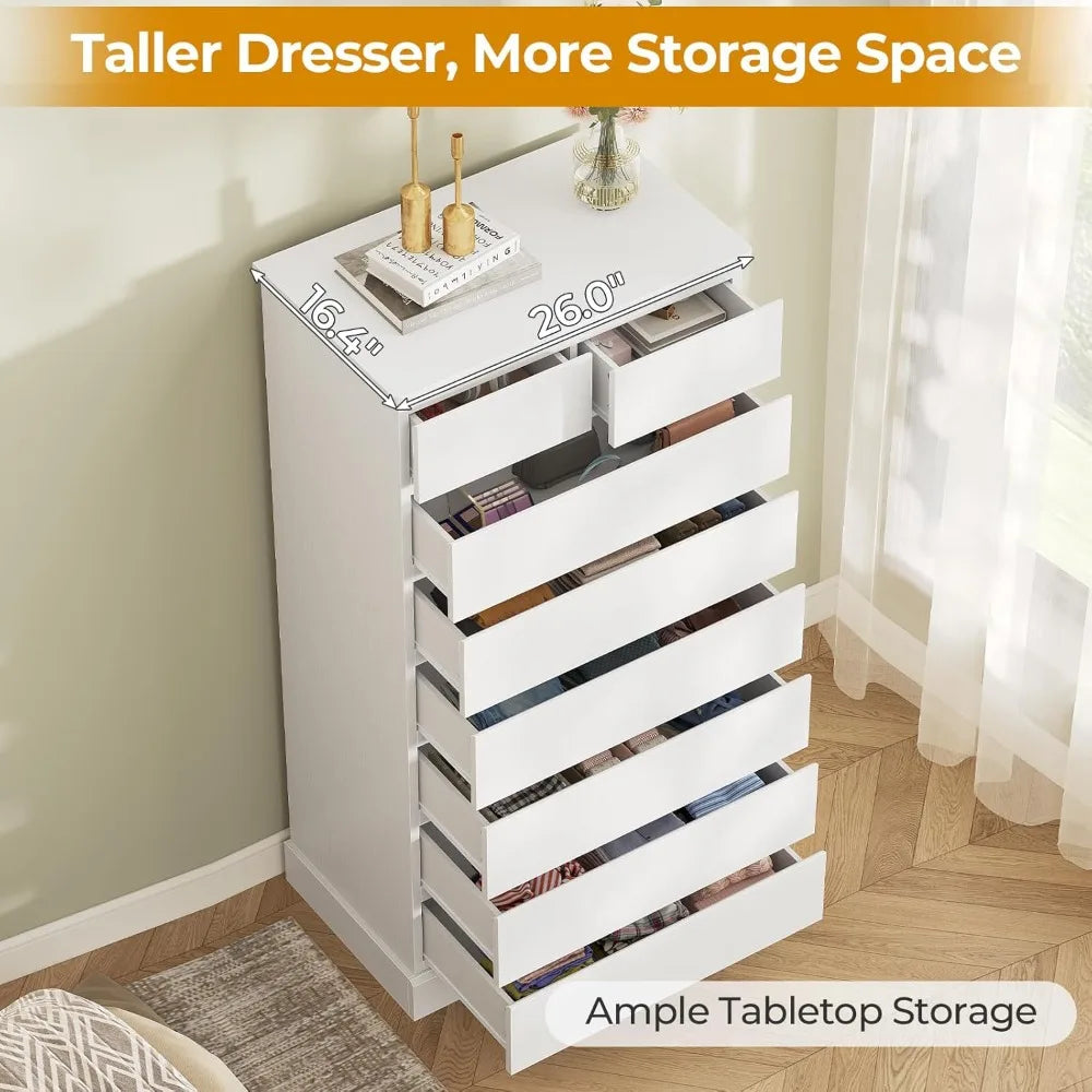 Modern White Tall Dresser 59.6'' High 8 Drawer Storage Organizer for Bedroom Closet Furniture