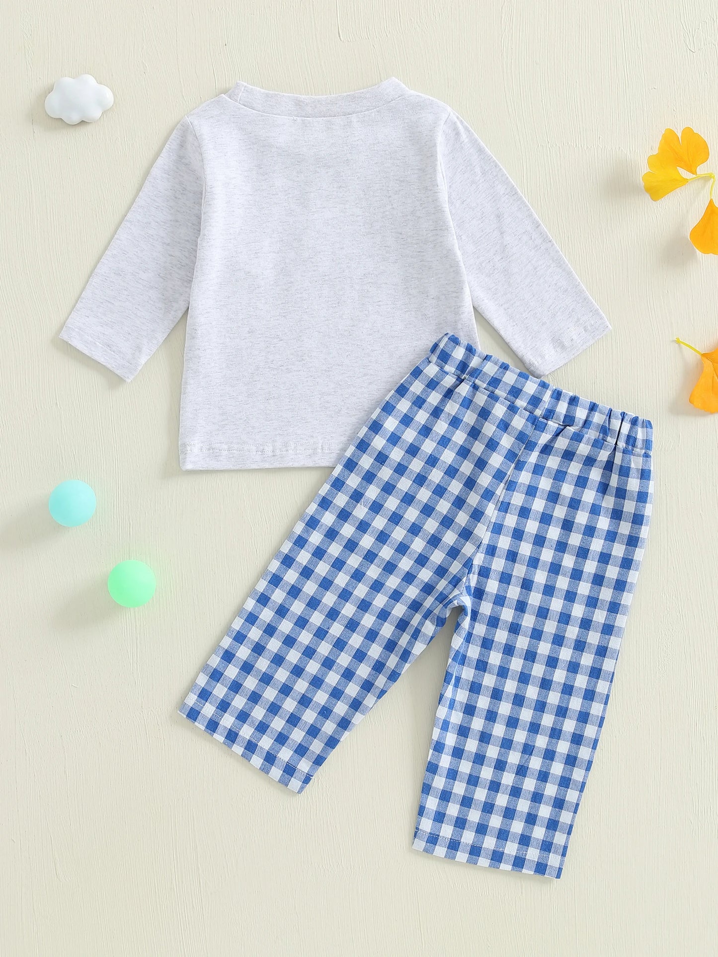 Infant Boy Autumn Outfit Embroidered Golf Long Sleeve Sweater with Round Neck and Plaid Pants with Elastic Waistband