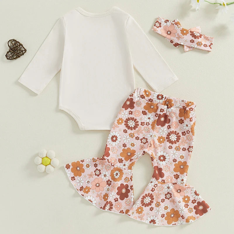 3 Piece Baby Girl Fall Outfit Letter Print Long Sleeve Romper Flower Print Flare Pants Headband 3Pcs Clothes Set