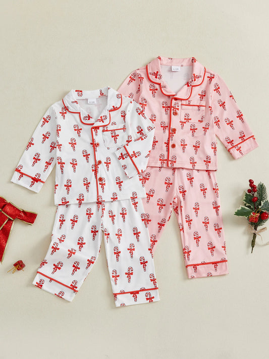 Infant Girl Holiday Pajama Set with Candy Cane Print Bow Detail V Neck Button Down Top and Matching Pants for Christmas