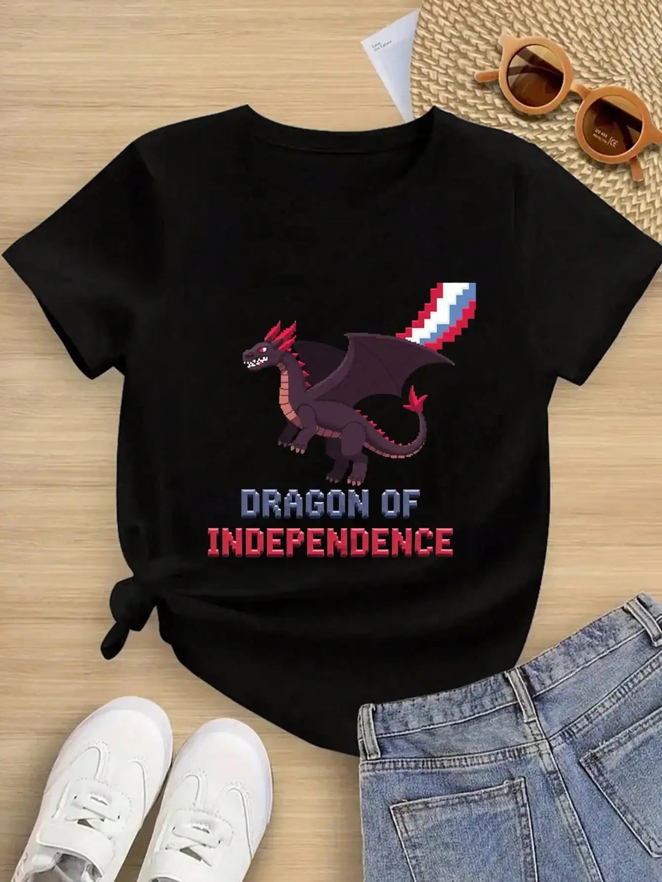 Black Tee With Dragon And Independence Theme