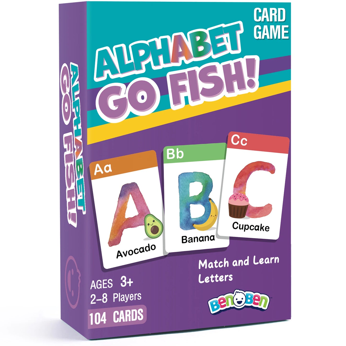 BenBen Alphabet Go Fish Card Game for Kids,104 Cards, ABC Learning Playing Cards, Memory Matching Games, 2-8 Players, Ages 3 +