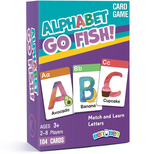 BenBen Alphabet Go Fish Card Game for Kids,104 Cards, ABC Learning Playing Cards, Memory Matching Games, 2-8 Players, Ages 3 +