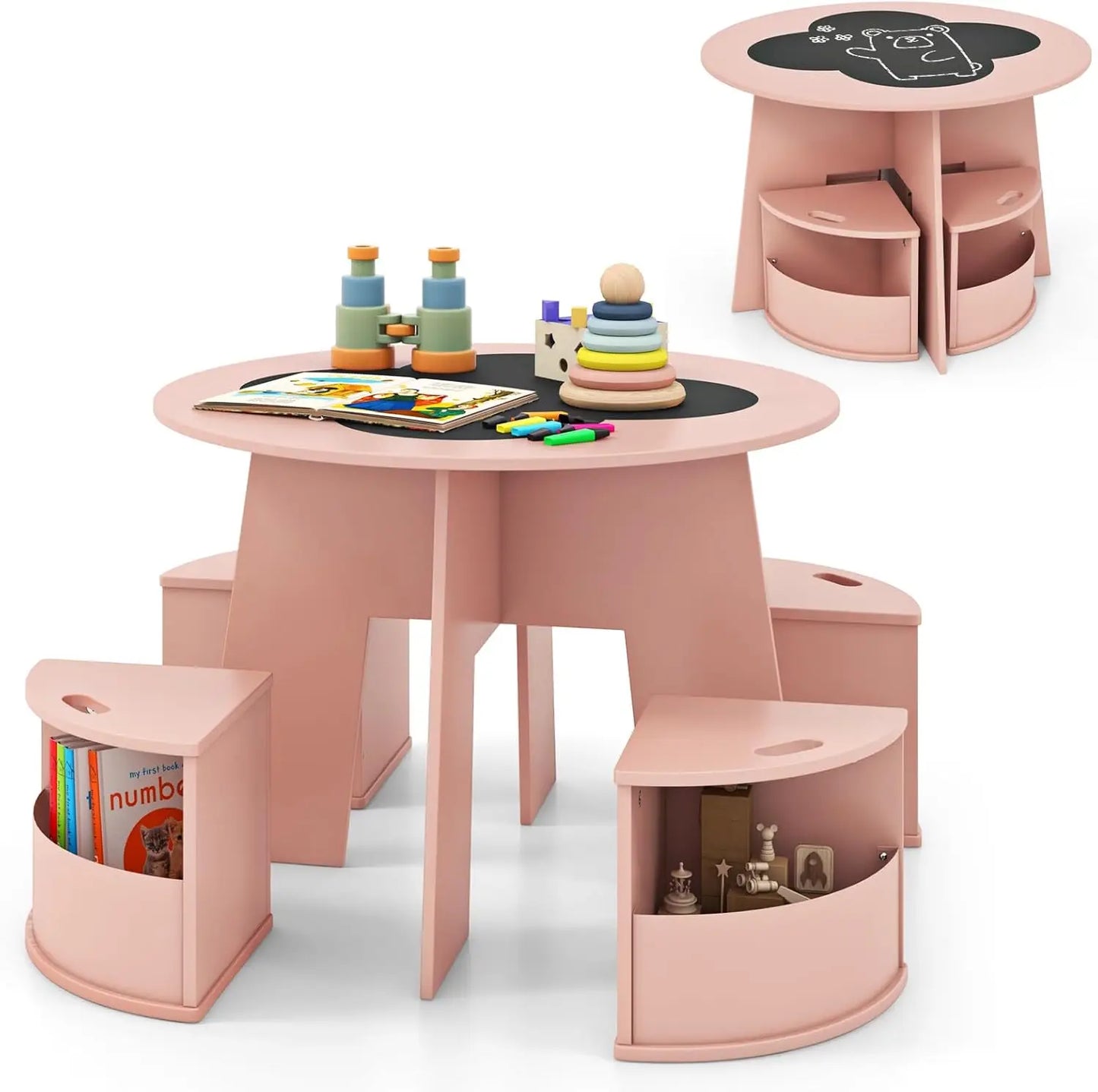 Toddler Table And 4 Storage Stools,