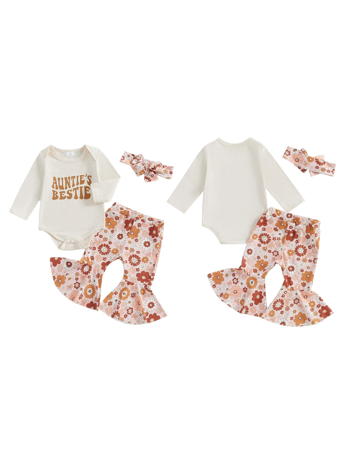 3 Piece Baby Girl Fall Outfit Letter Print Long Sleeve Romper Flower Print Flare Pants Headband 3Pcs Clothes Set