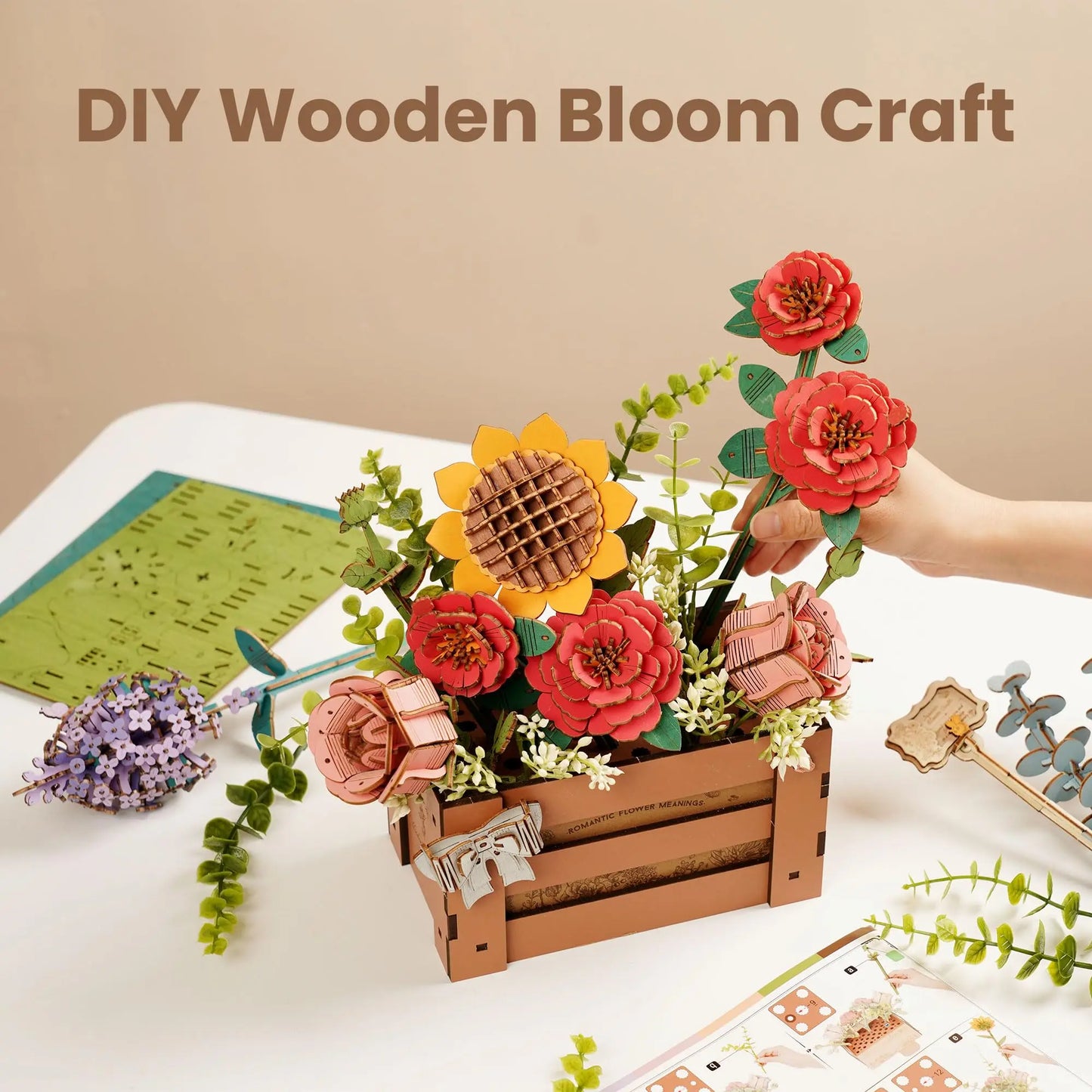 ROBOTIME 3D Wooden Bloom Box Puzzle, Adults' Flower Bouquet Building Set, Artificial Home Decor, Gift for Mother's Day/Birthday