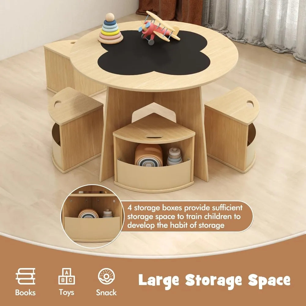 Toddler Table And 4 Storage Stools,