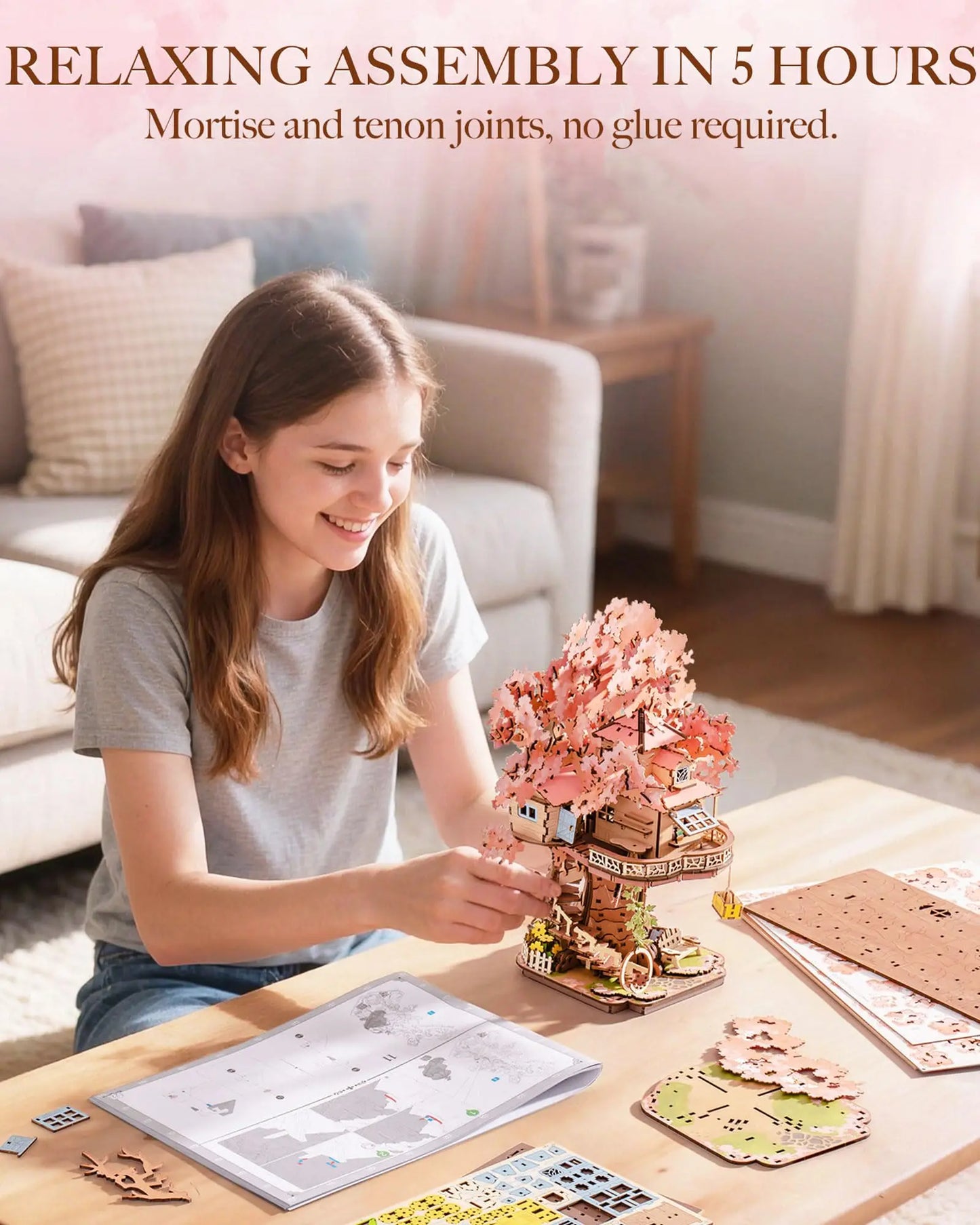 Robotime Rolife Sakura Tree House 3D Wooden Puzzle Model Kit with Swing Stairs Perfect Christmas Home Decor DIY Gift for Adults