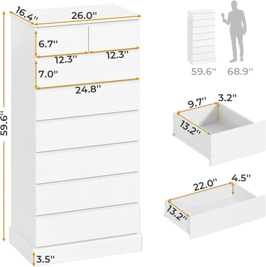 Modern White Tall Dresser 59.6'' High 8 Drawer Storage Organizer for Bedroom Closet Furniture