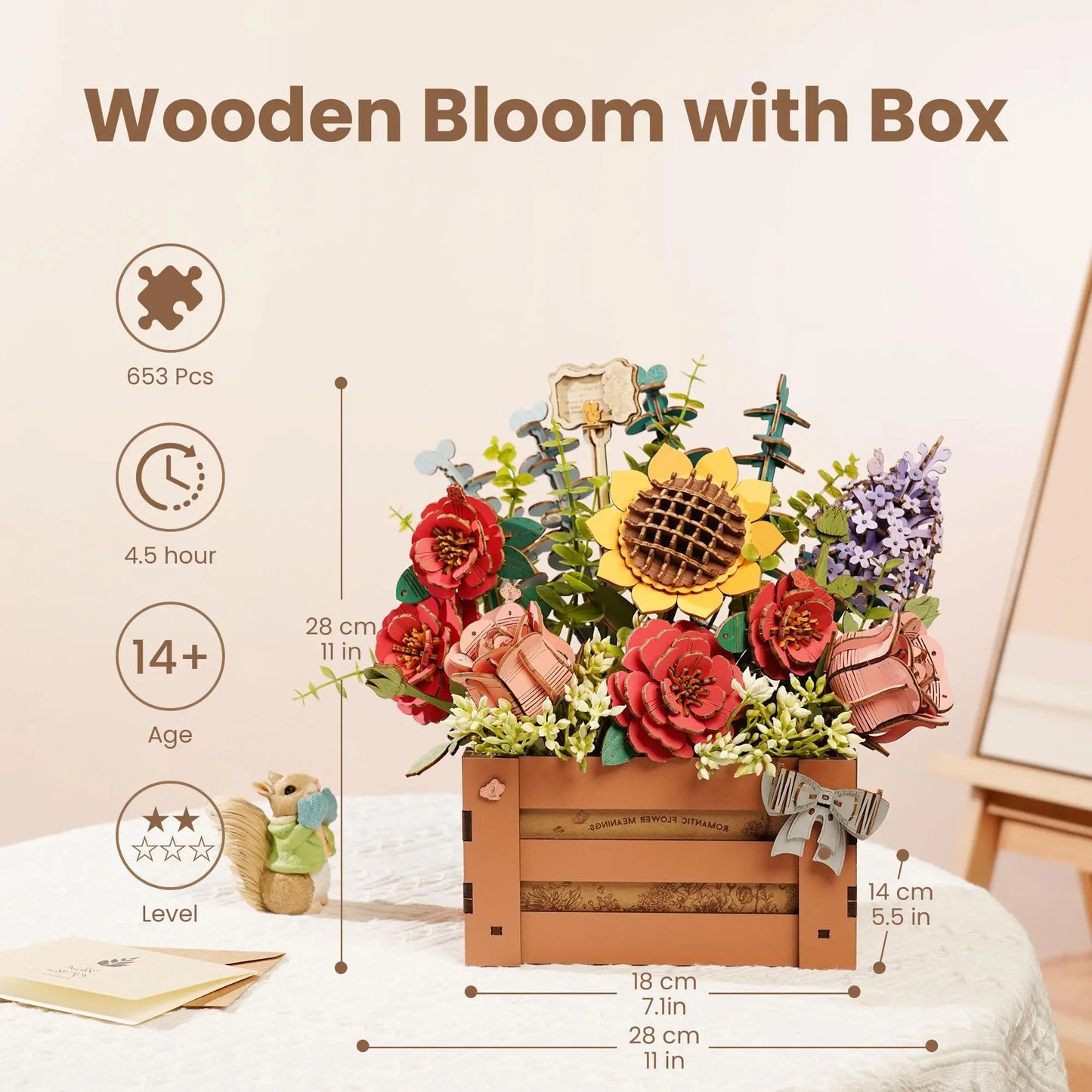 ROBOTIME 3D Wooden Bloom Box Puzzle, Adults' Flower Bouquet Building Set, Artificial Home Decor, Gift for Mother's Day/Birthday