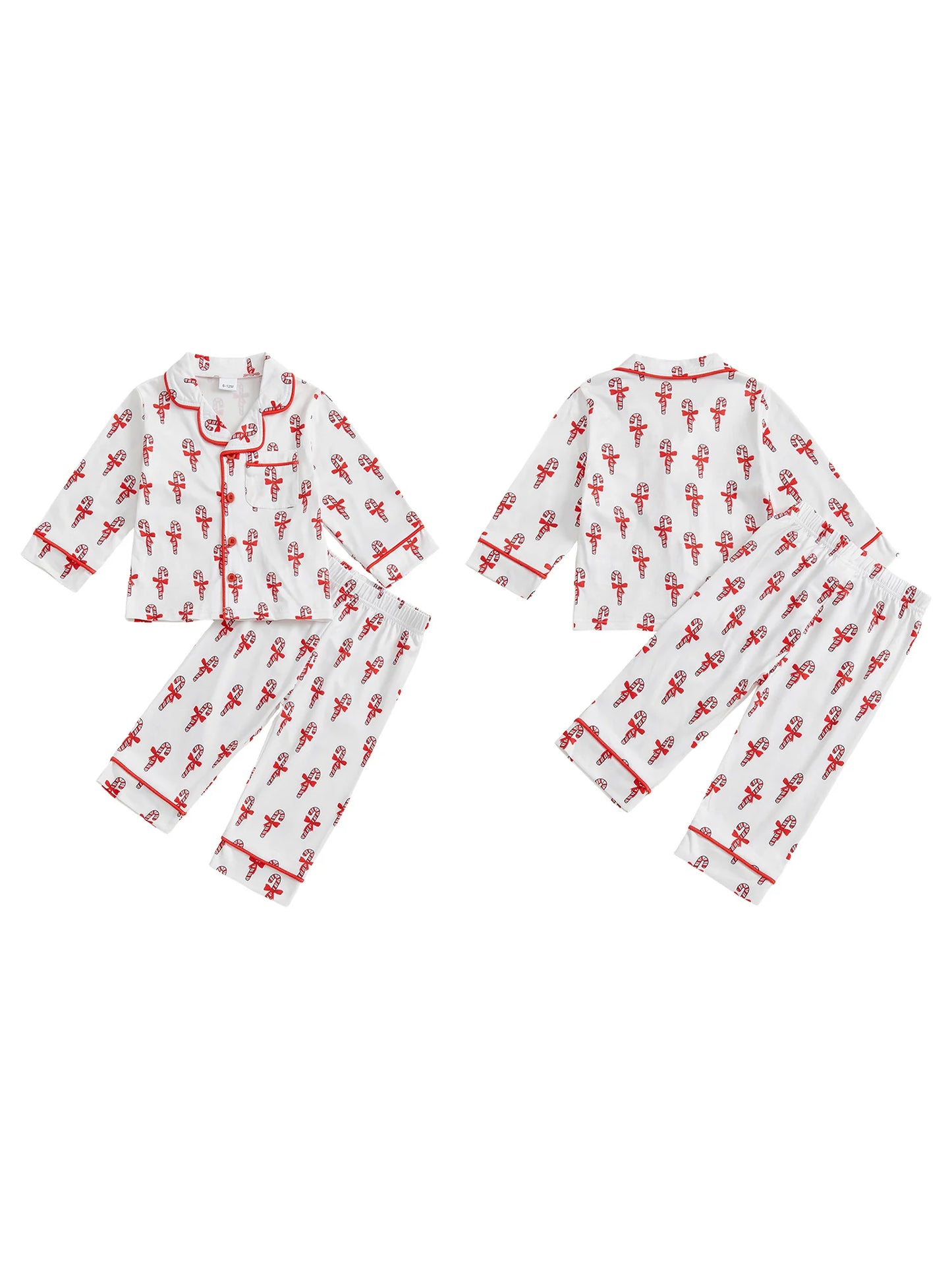 Infant Girl Holiday Pajama Set with Candy Cane Print Bow Detail V Neck Button Down Top and Matching Pants for Christmas