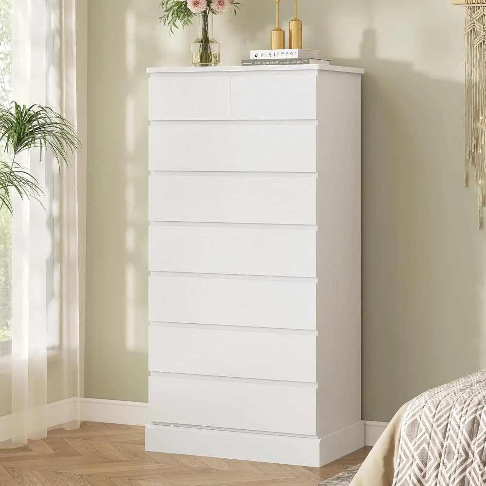 Modern White Tall Dresser 59.6'' High 8 Drawer Storage Organizer for Bedroom Closet Furniture