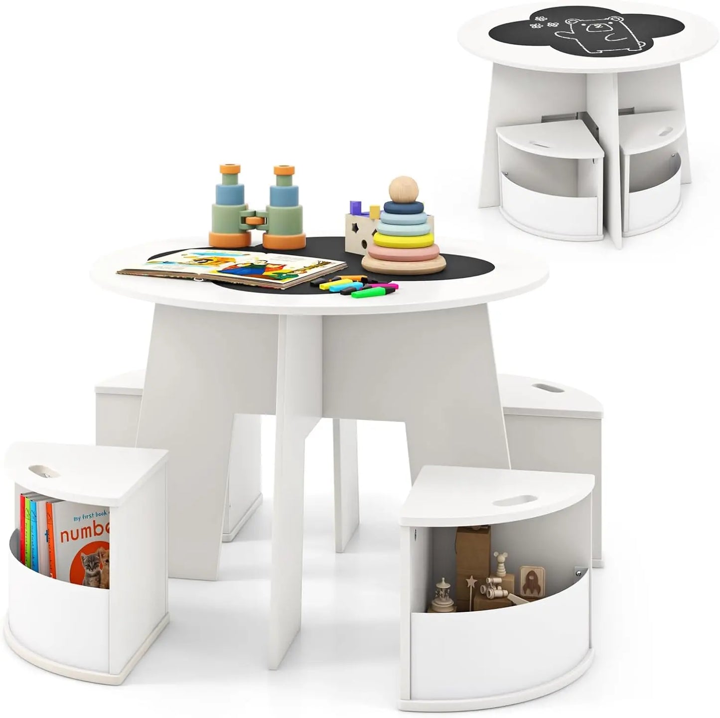 Toddler Table And 4 Storage Stools,