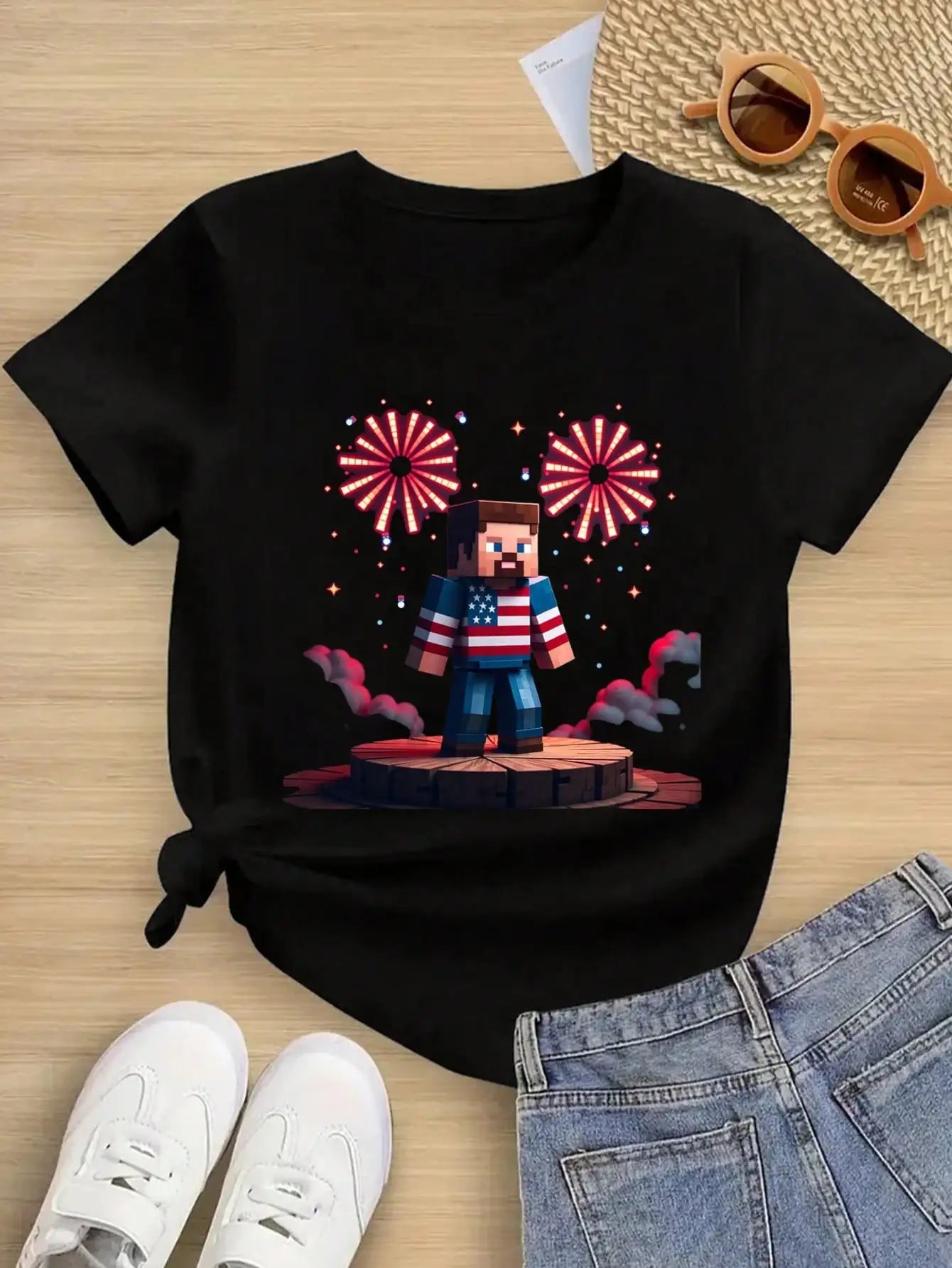 Cotton T-Shirt With Pixel Art And Fireworks
