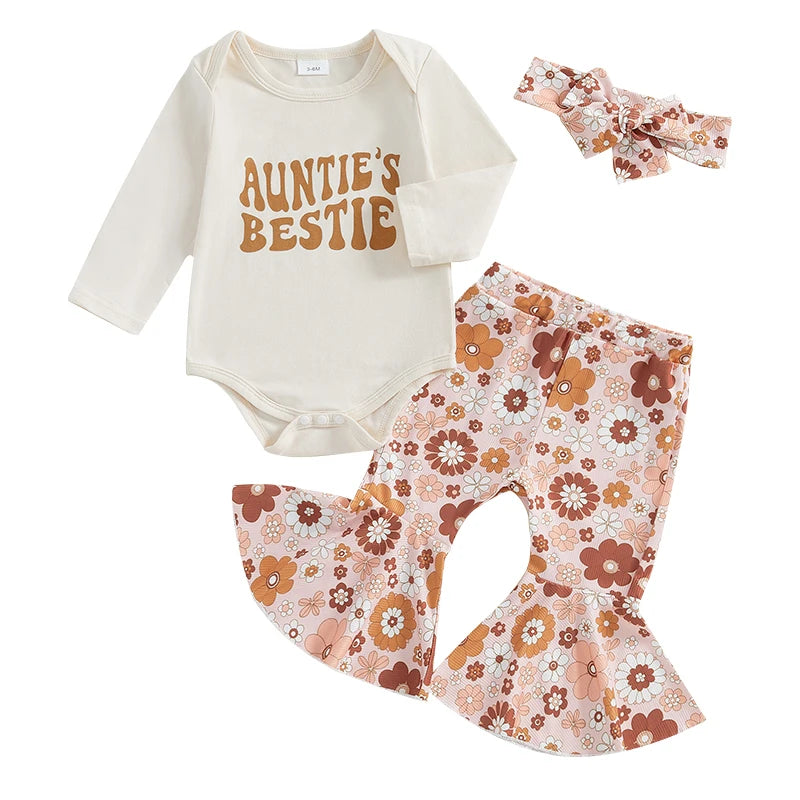 3 Piece Baby Girl Fall Outfit Letter Print Long Sleeve Romper Flower Print Flare Pants Headband 3Pcs Clothes Set